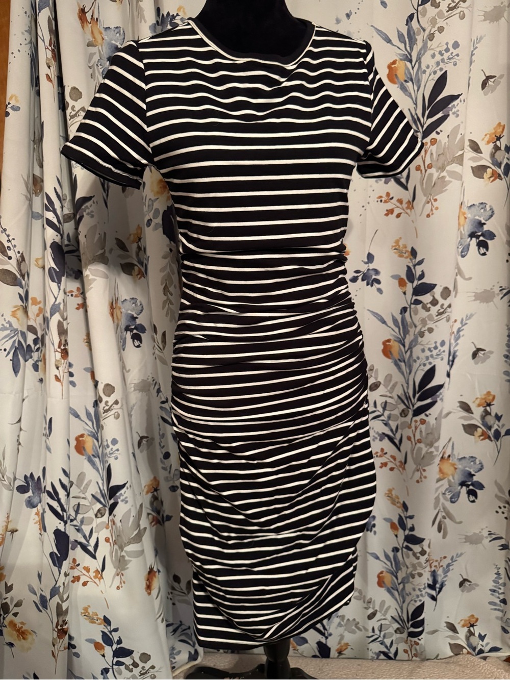 Striped Short Sleeve Midi Dress in Black & White Maternity Small B2